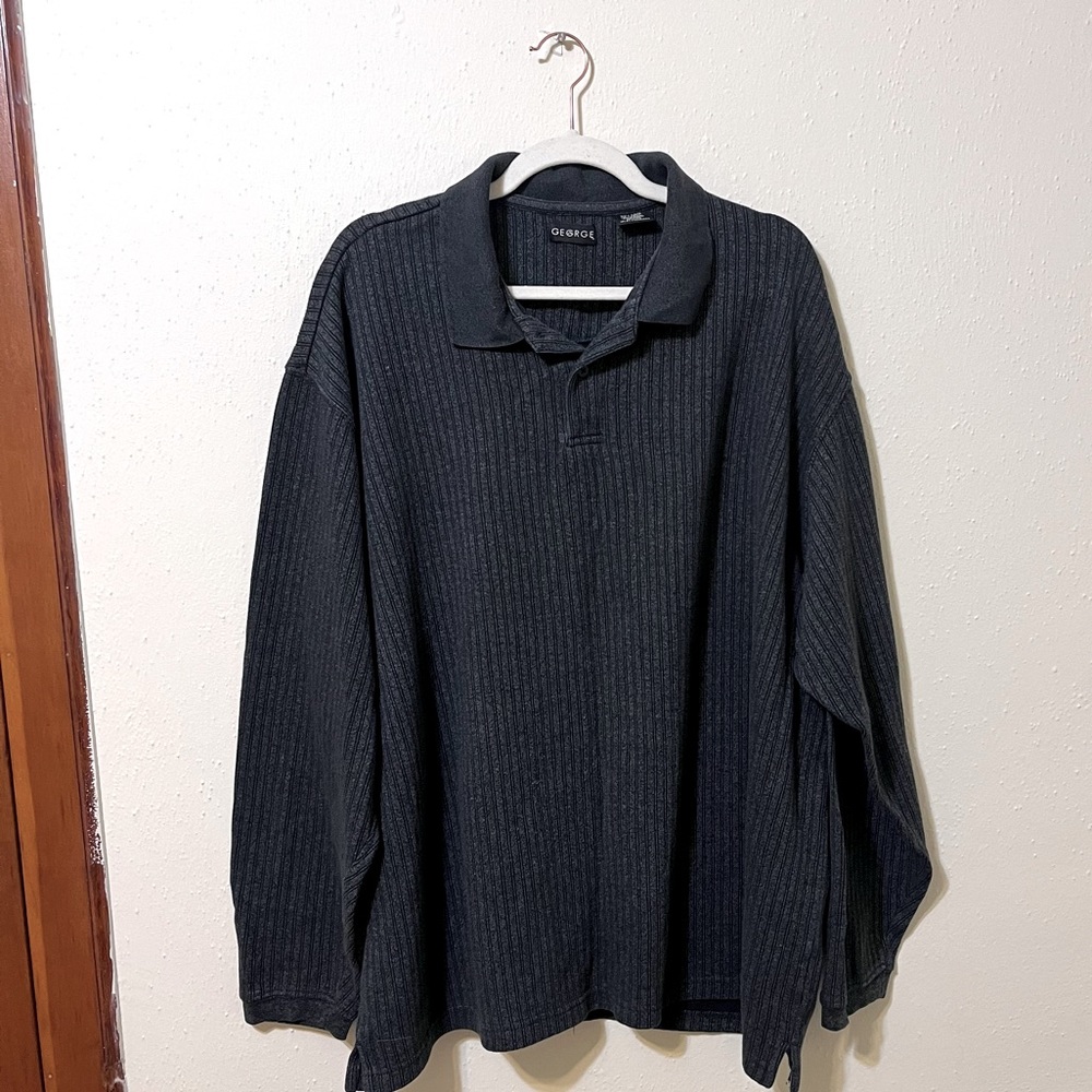 George Men's Size Large Blue Ribbed Long Sleeve Henley Pullover Shirt
